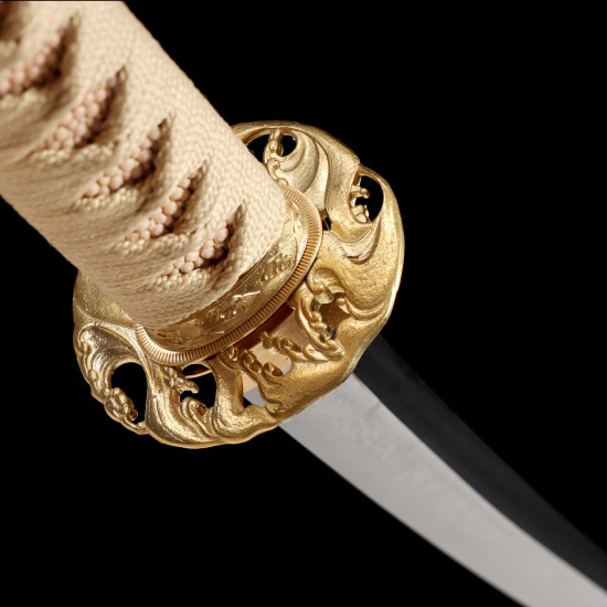 Hand Forged T10 Katana with Genuine Choji Hamon and Gold Wave Fittings