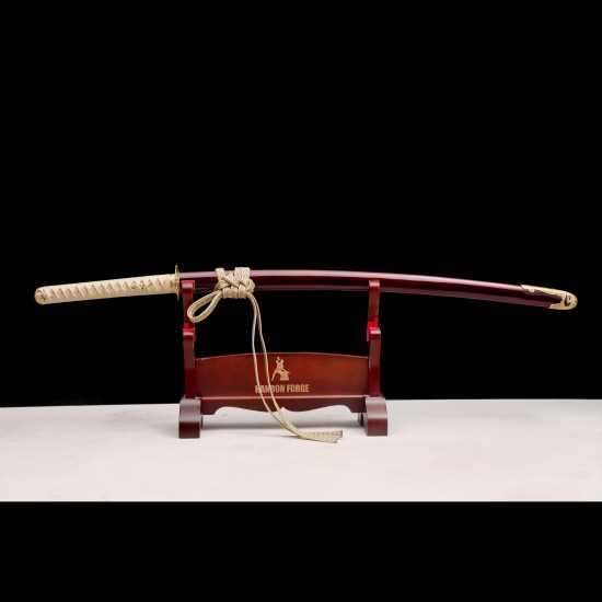 Hand Forged T10 Katana with Genuine Choji Hamon and Gold Wave Fittings
