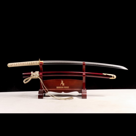 Hand Forged T10 Katana with Genuine Choji Hamon and Gold Wave Fittings