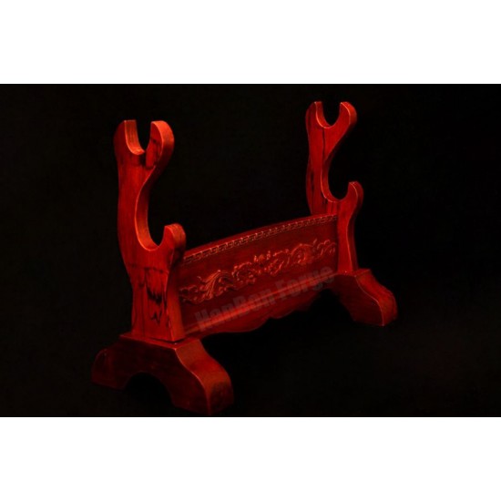 Red Wooden Sword Stands Display 2-Layer Japanese Katana Samurai Dragon Rack for Sale