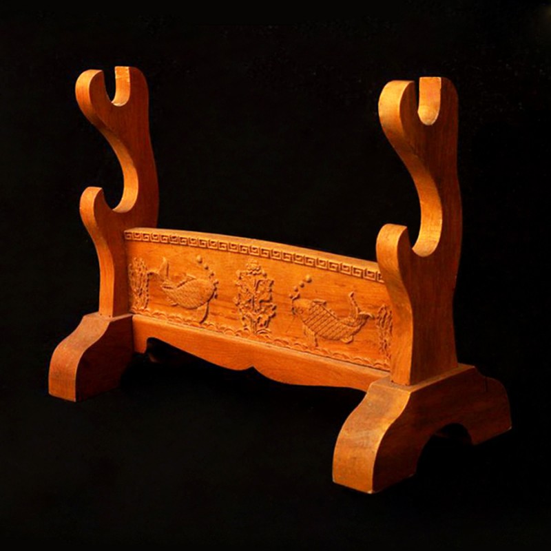 Wood Samurai Sword Wakizashi Katana Holder Stand Sword Rack Dragon Kyrin Carved 