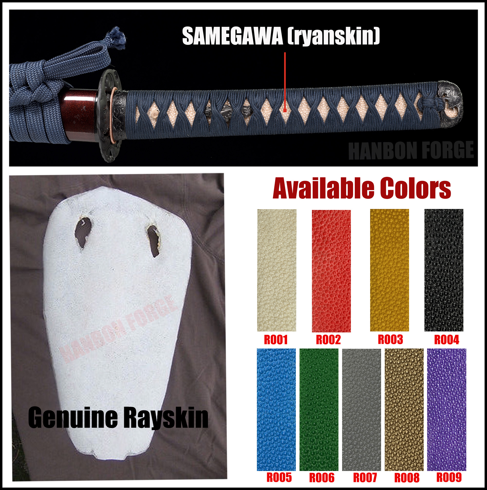 Genuine samegawa ray skin colors R001 to R009 for custom katana handles